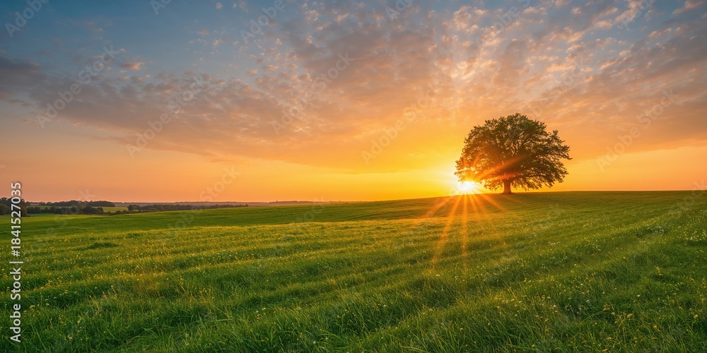 Naklejka premium Green field and blue sky with light clouds at sunset, ideal for agricultural background design