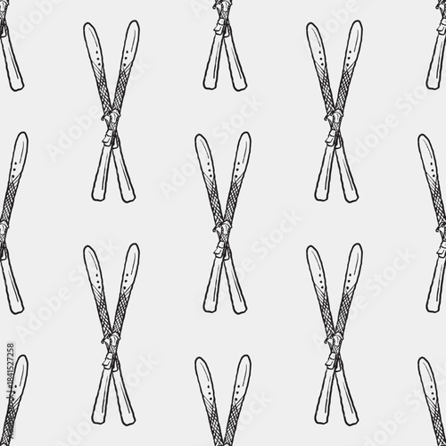 Hand drawn seamless pattern with crossed skis. Classic alpine gear, winter sports. Vector sketch illustration in vintage crayon charcoal style. Ski lodge decor
