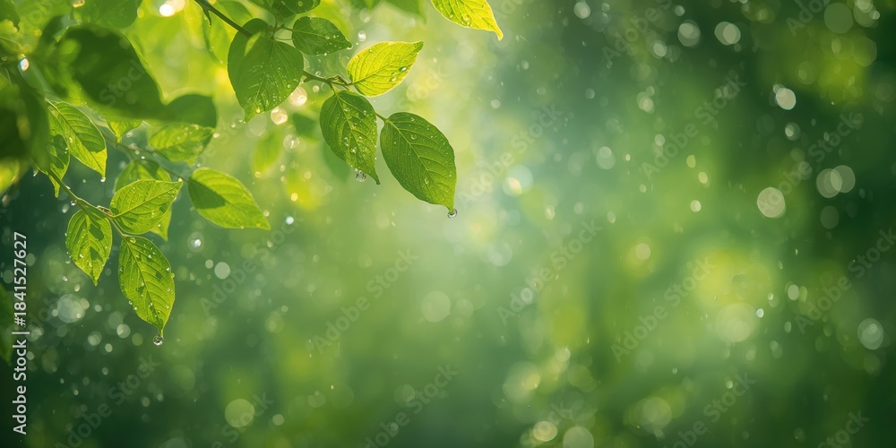Naklejka premium Raindrop-covered green foliage used as an environmentally themed backdrop for editorial layouts