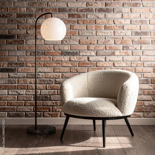 Cream armchair and floor lamp against brick wall