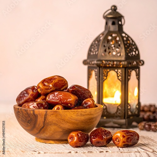 Dried dates in a wooden bowl, with a decorative lantern in the background