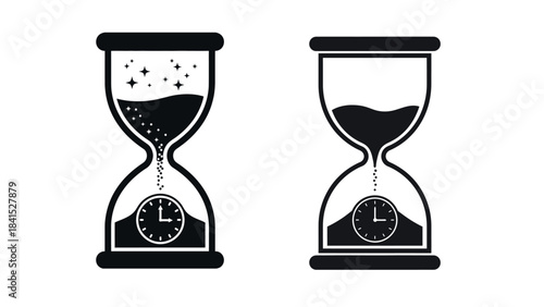 Black hourglass icons with clocks on white background for time concept