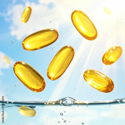 Yellow capsules floating in water against a sky