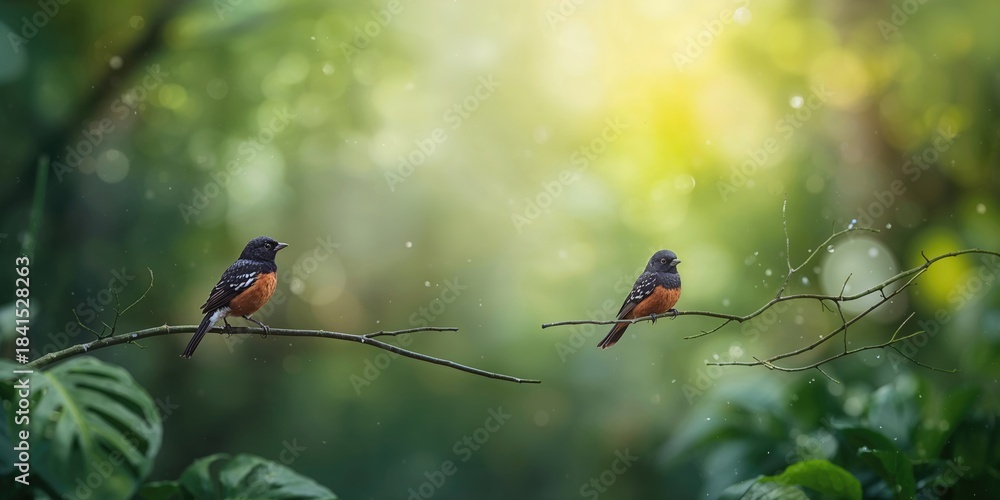 Obraz premium Brown birds with black and blue spots perched on branches, natural avian coloration and habitat, Bird Awareness Day