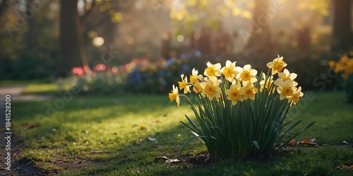 Springtime daffodils growing naturally in a city park, seasonal blossom