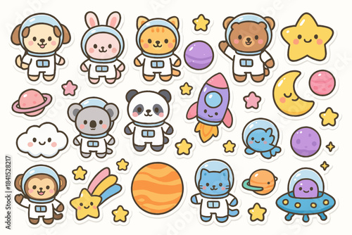 Cute cartoon space animals and astronauts with planets and stars