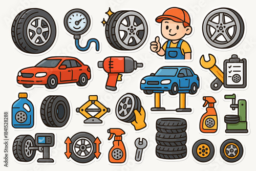 Cartoon car maintenance tools and accessories with young male mechanic