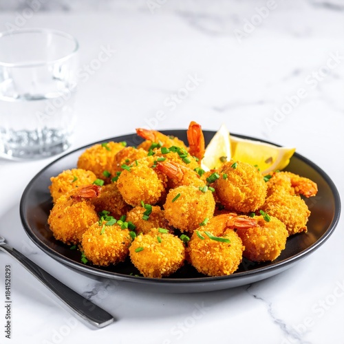 Crispy fried shrimp on a dark plate, garnished with fresh chives and a lemon wedge.  A glass of water and a fork are visible on a marble surface