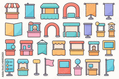 Colorful market and fair booth icon set with stalls and signs