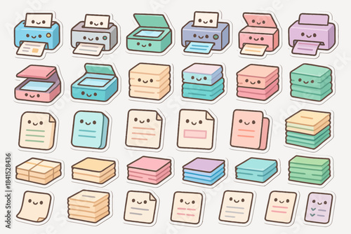 Cute kawaii office stationery with smiling printers and colorful paper stacks