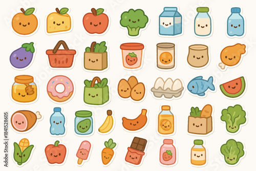 Cute kawaii food stickers collection featuring smiling fruits and vegetables