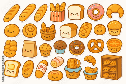 Cute kawaii baked goods variety with smiling faces and pastries