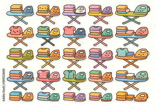 Cute cartoon laundry patterns with irons, clothes, and baskets on ironing boards