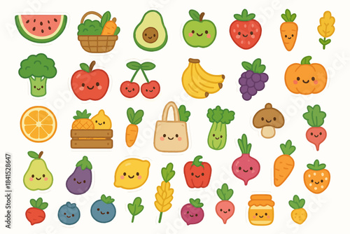 Colorful cute cartoon fruits and vegetables stickers with faces