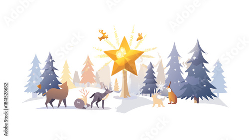A glowing Christmas star gently falling into a peaceful snowy forest, illuminating the trees with warm golden light, animals gathering curiously, magical winter atmosphere.