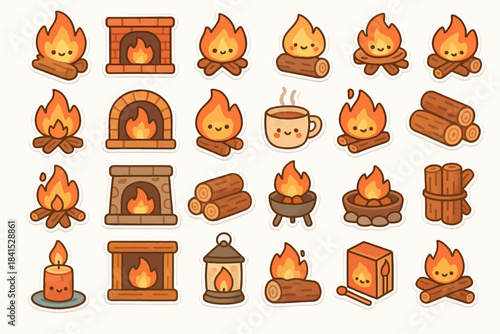 Cozy cartoon fire icons collection with fireplaces, logs, and candles