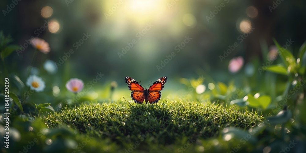 Obraz premium Close-up of a vibrant butterfly perched on green grass, highlighting insect activity in summer