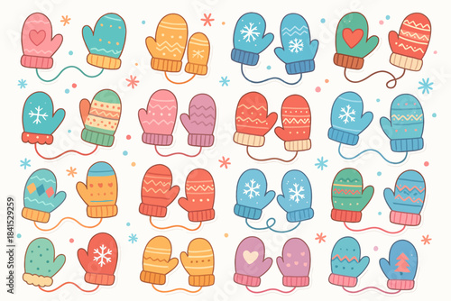 Colorful winter mittens pattern with festive designs and snowflakes