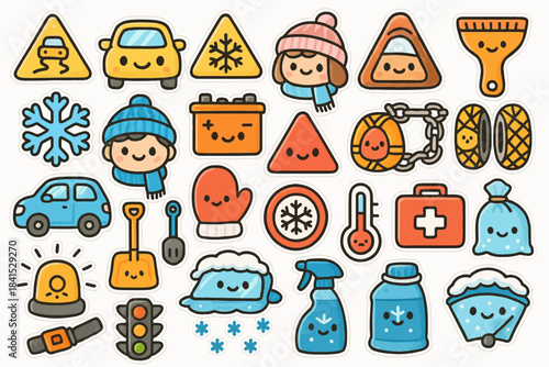 Cute winter car icons with smiling faces for cold weather preparation