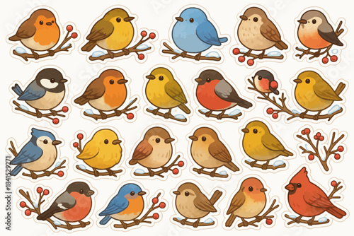 Adorable cartoon birds on branches with berries