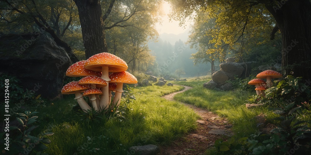 Obraz premium Giant mushrooms amidst a whimsical woodland scene, highlighting fungal species and forest health