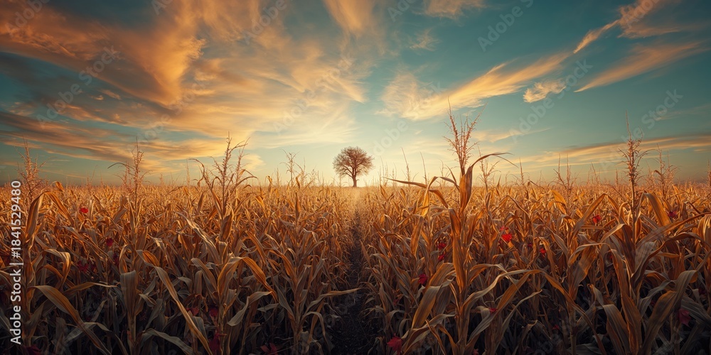 Naklejka premium Spooky cornfield scene with twisted shadows, ideal for horror-themed visuals