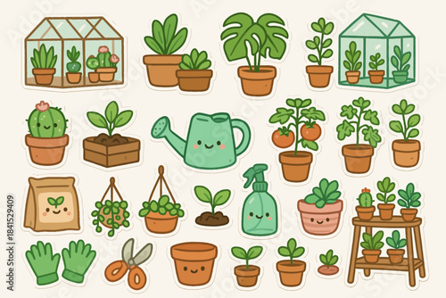 Cute cartoon plant and garden tools collection with greenhouses and pots