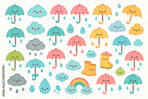 Cute kawaii style umbrellas, raindrops, and clouds with smiling faces