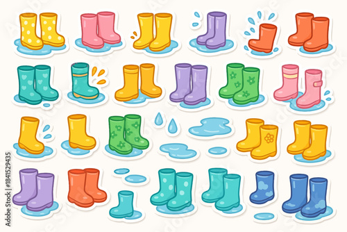 Colorful cartoon rain boots in puddles with playful designs and splashing water