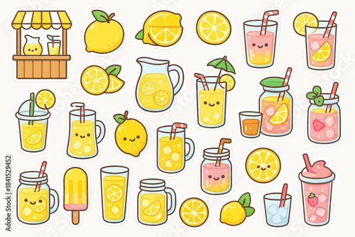 Cute lemon and strawberry drink stickers with happy faces and lemonade stand