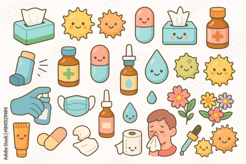 Cute health and wellness icons with medicine, tissues, and happy faces