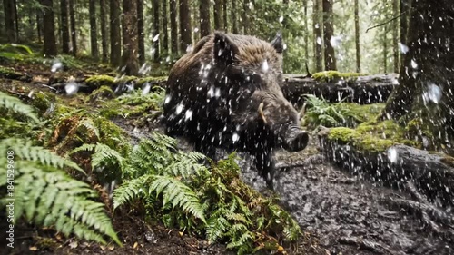 In a damp forest, a curved mossy log traps water while ferns frame spray as a quiet, calm stream slips by!