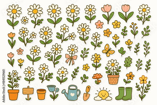 Cute cartoon flower collection with gardening tools and decorative elements