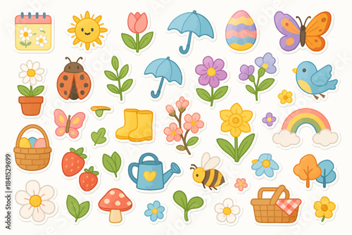 Spring themed cute stickers of flowers, animals, and accessories