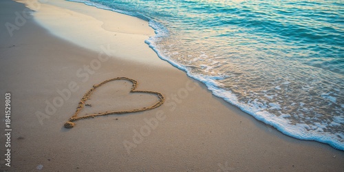 Fototapeta Naklejka Na Ścianę i Meble -  Heart shape drawn on sandy beach at sunrise on an island, seasonal change and natural erosion risk