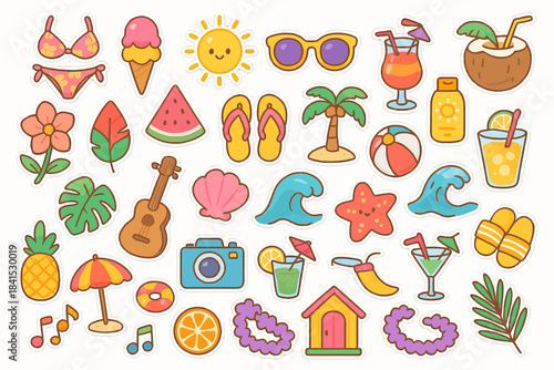 Vibrant summer stickers: beach icons, drinks, and fun essentials