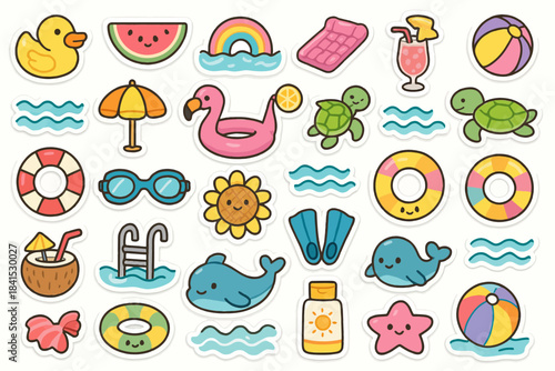 Colorful summer sticker set with whimsical beach and pool icons
