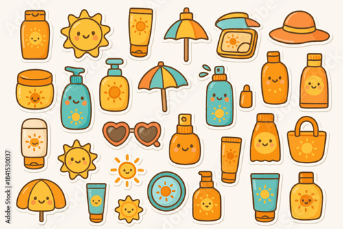Cute summer stickers: sunscreen, umbrellas, and sunglasses in playful cartoon style