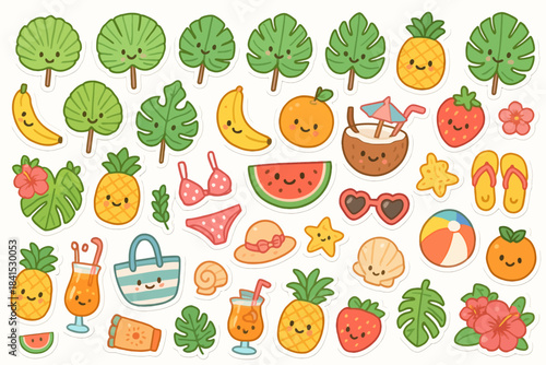 Colorful summer stickers with smiling fruits and fun beach icons