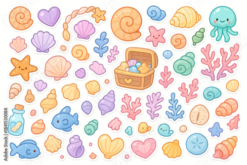 Colorful cartoon sea life and treasure chest with shells and corals