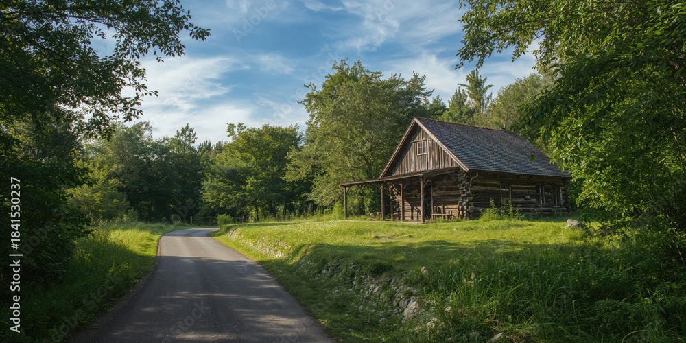 Naklejka premium Old wooden house nestled in a forest clearing during summer, rustic architecture and natural surroundings, Earth Day