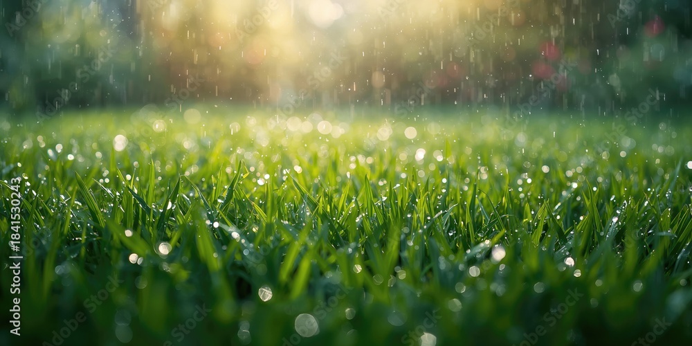 Naklejka premium Green grass with raindrops, seasonal growth and moisture retention, Earth Day