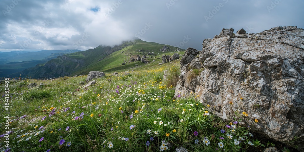 Naklejka premium Flowers and rocks on Mount Aragats slopes in spring, seasonal erosion risk in Armenia
