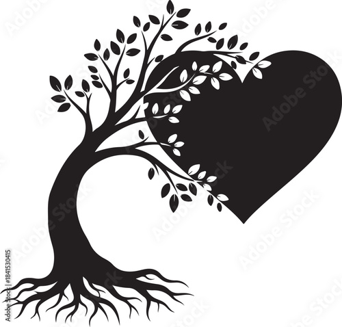 Silhouette of strong tree with spreading roots and large heart shape replacing part of its branches