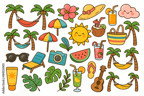 Colorful summer icons: palm trees, sunglasses, beach chairs, and refreshing drinks