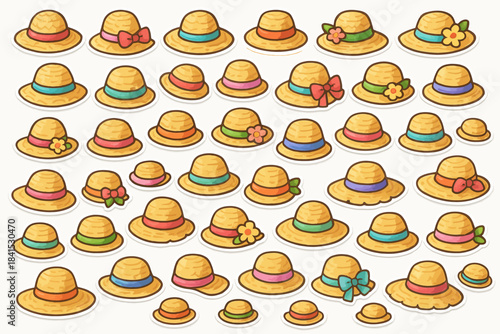 Collection of cartoon straw hats with colorful bands and decorations