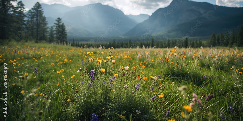 Naklejka premium Flowers in a Siberian natural park, seasonal bloom and ecological preservation