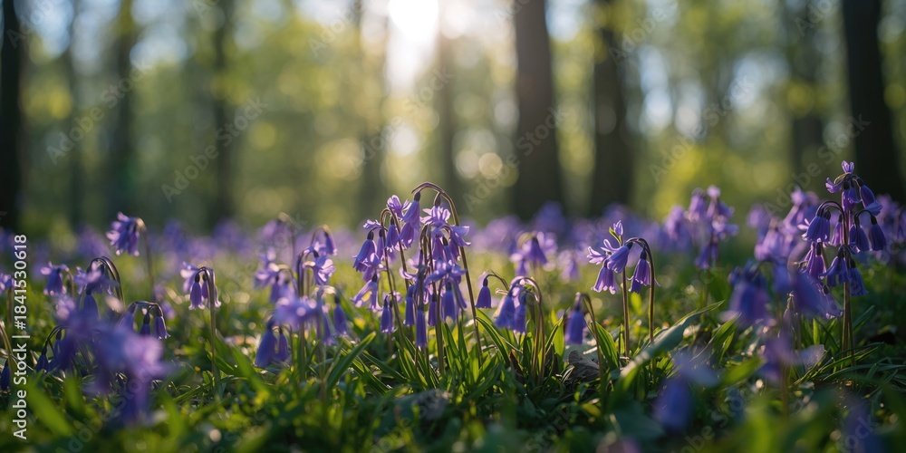 Naklejka premium Detail of violet-blue bluebell flowers during spring, emphasizing natural plant development