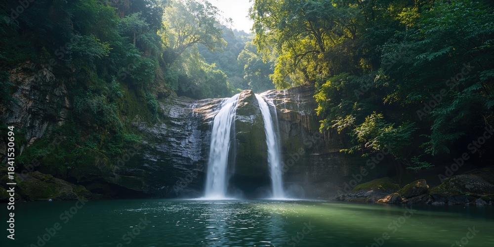 Obraz premium Lapang waterfall flowing over rocks with silky water, mountain stream for nature preservation awareness