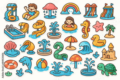 Cute summer waterpark doodles with kids and aquatic elements